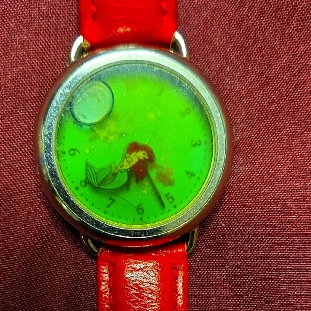 Disney Little Mermaid Red Leather Strap Watch with Green Dial